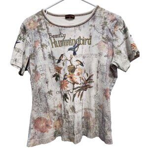 Flower N Ring Hummingbird T-Shirt Womens XL Wearable Art Rhinestone Short Sleeve